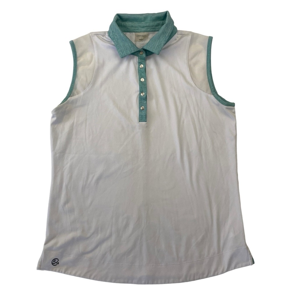 Chase 54 White Teal 1/4 Snap Collared Tank Polo Shirt Sleeveless Mesh Sz L Large